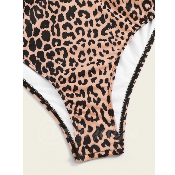 Cheetah Print Deep V Tie Detail One Piece Swimsuit Beige Black Strappy - Picture 5 of 7